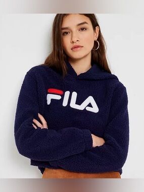 Fila Black Sherpa Hoodie with White and Red Logo